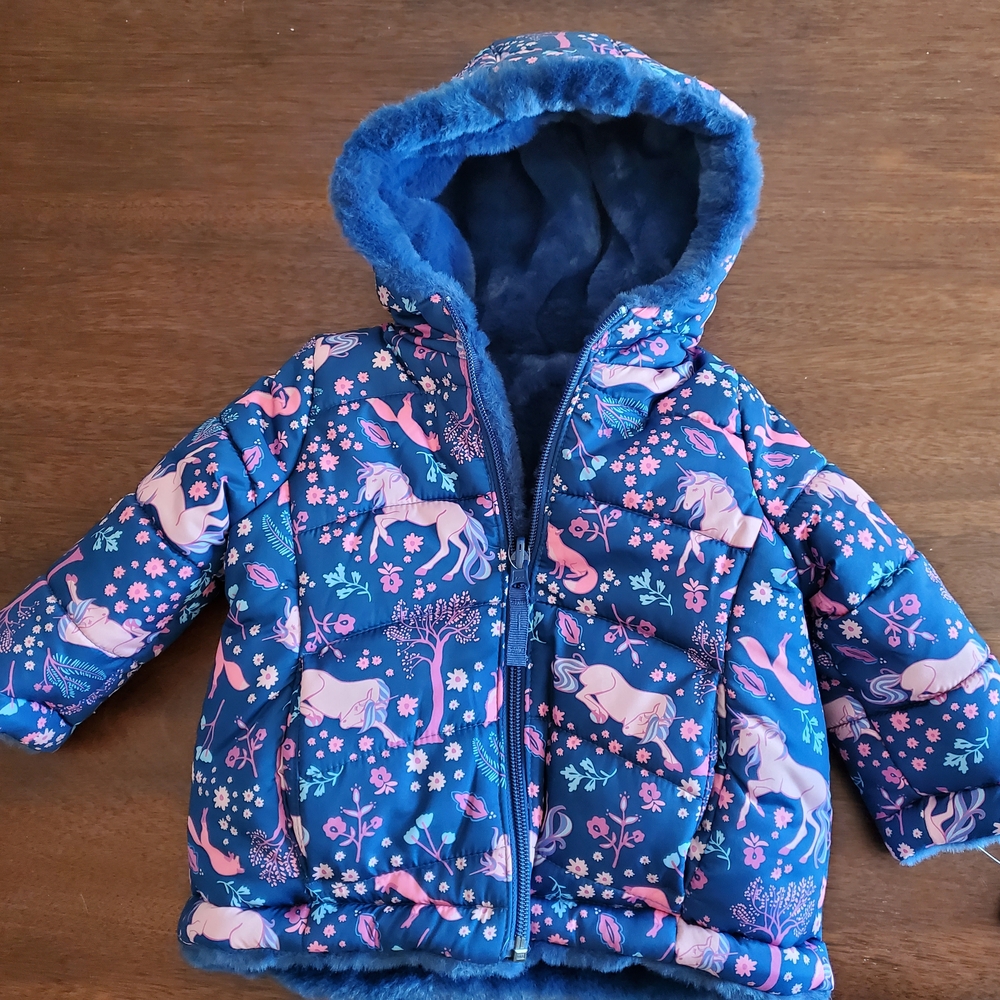 Blue Unicorn Print Puffer Jacket